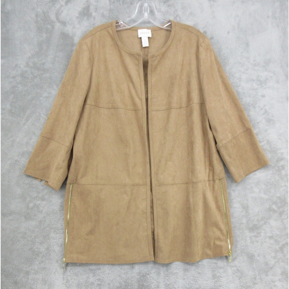 Chicos Jacket Womens Size 2 L Vegan Suede Open Front Side Zip Quiet Luxury Tan